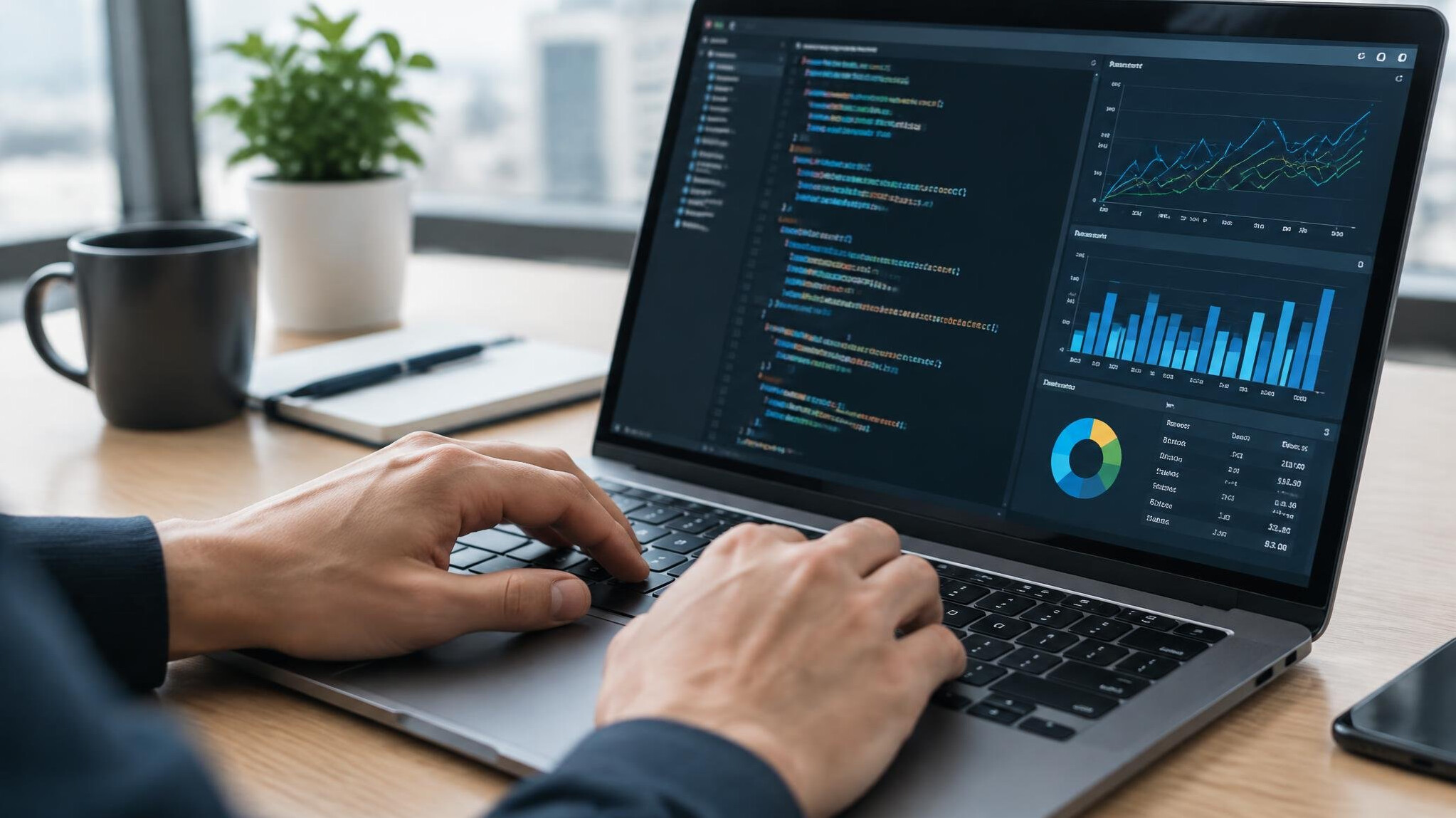 Ruke tipkaju na laptopu s prikazom programskog koda i grafova podataka